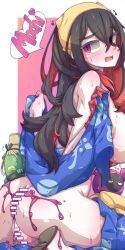  absurdres anal androgynous_dom ass bare_shoulders black_hair blush bottomless carmine_(pokemon) censored clothed_exposure drool eko. english_text eye_color_change femsub from_behind gloves green_skin heart long_hair looking_back malignant_chain multicolored_hair open_clothes open_mouth pecharunt pokemon pokemon_(creature) pokemon_scarlet_and_violet possession purple_eyes purple_skin red_hair sideboob sinistcha sweat symbol tagme text white_eyes 