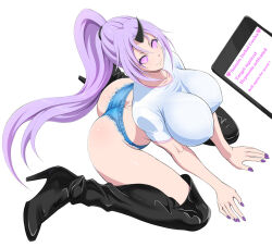 boots breasts cell_phone cleavage erect_nipples female_only femsub glowing glowing_eyes happy_trance horns huge_breasts kneeling large_ass large_hips long_hair looking_at_viewer manip misterman4_(manipper) monster_girl oni_girl ponytail purple_hair purple_nails shion_(tensei_slime) shirt shopyun spiral_eyes symbol_in_eyes tagme tech_control text that_time_i_got_reincarnated_as_a_slime