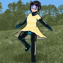  aware black_hair bodysuit bulge dress drone eyebrows_visible_through_hair female_only femsub glowing grey_eyes happy_trance iris_azure latex looking_at_viewer null_bulge original outdoors self_hypnosis short_hair skirt smile solo tech_control tight_clothing trance_delightful trees visor wholesome 