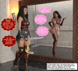 3d bikini bimbofication black_hair breast_expansion choker circlet collarbone dc_comics english_text female_only fingerless_gloves gauntlets gloves hand_on_hip high_heels huge_breasts large_breasts long_hair mcrocks mirror navel navel_piercing opera_gloves prostitution resisting skirt sling_bikini super_hero sword text thigh_boots thighhighs thought_bubble weapon wonder_woman