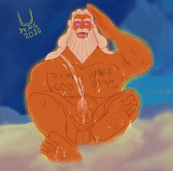 bare_legs barefoot beard body_writing bottomless cum cum_on_body cum_on_feet disney drool feet hercules_(movie) long_hair looking_at_viewer male_only malesub masturbation nude open_mouth orgasm penis saluting sitting solo spiral_eyes symbol_in_eyes text topless uchihadems white_hair zeus_(hercules)