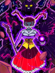 alternate_color_scheme aura bare_shoulders beard blue_skin breasts cleavage corruption dragon_quest_(series) dragon_quest_viii earrings elf_ears evil_smile femsub glowing glowing_eyes happy_trance horns jessica_albert jewelry large_breasts long_hair looking_at_viewer magic maledom mumifu necklace orb possession purple_skin red_eyes red_hair rhapthorne smile square_enix staff twintails weapon yellow_eyes