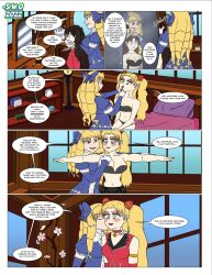  alternate_costume bed bedroom bell bell_collar blonde_hair blush border breasts brown_eyes brown_hair censored closed_eyes clothed collar comic dialogue empty_eyes english_text eyebrows_visible_through_hair eyeshadow fate/kaleid_liner_prisma_illya fate/stay_night fate_(series) flower green_eyes groping hair_color_change kissing large_breasts lipstick luviagelita_edelfelt makeup rin_tohsaka signature speech_bubble superweirdman text twintails yuri 