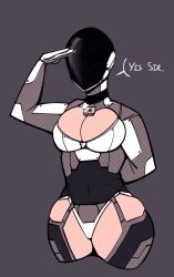 bodysuit breasts cdlum cleavage collar drone female_only femsub helmet hypnosuit_(cdlum) hypnotic_accessory hypnotic_clothing large_breasts original pad_lock pear_(cdlum) saluting solo standing standing_at_attention tech_control text thick_thighs thighs