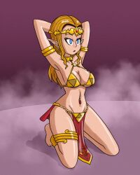  blue_eyes crown earrings elf_ears expressionless female_only femsub harem_outfit jewelry kneeling midriff mythkaz navel navel_piercing nintendo piercing princess princess_zelda tagme the_legend_of_zelda 