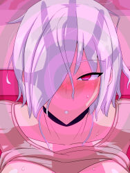  artist_request blush breasts choker cleavage collarbone comic expressionless femsub huge_breasts maledom necklace open_mouth otokogirai_no_lesbian_ni pink_eyes pov pov_dom rei_kamishiro short_hair spiral spiral_eyes symbol_in_eyes white_hair 