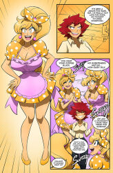  apron blonde_hair bree_(gacha_gotcha) dialogue dress gacha_gotcha kobi94 long_hair red_hair short_hair speech_bubble text 