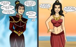 avatar_the_last_airbender azula before_and_after black_hair breasts brown_hair dialogue evil_smile female_only femsub hair_bun_covers happy_trance large_breasts long_hair midriff nickelodeon polmanning princess sequence smile solo text western yellow_eyes