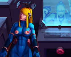 abs aka6 blonde_hair bodysuit bondage breasts cables chair closed_eyes computer female_only femsub large_breasts long_hair metroid_(series) monitor nintendo nipples ponytail samus_aran sex_toy sitting sleeping tech_control torn_clothes zero_suit