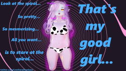  3d bikini blush bottomless breasts cleavage cow_girl cow_print dana_(v-tuber) elf_ears female_only femsub glowing glowing_eyes happy_trance horns large_breasts long_hair open_mouth original purple_hair purple_skin spiral_eyes swimsuit symbol_in_eyes text tiefling yellow_eyes 
