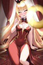  ai_art bed bedroom blonde_hair blush breasts cleavage crown curvy dress drool empty_eyes exposed_chest eyebrows_visible_through_hair female_only femsub gold long_hair looking_at_viewer manip navel open_mouth orange_eyes original pendulum princess red_dress royalty shiny_hair shiny_skin sitting yellow_eyes 