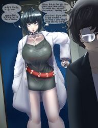  absurdres angry belt black_hair breasts choker clothed dialogue dress glasses joker_(persona_5) lab_coat large_breasts mahoumonsterart necklace persona_(series) persona_5 short_hair tae_takemi text 