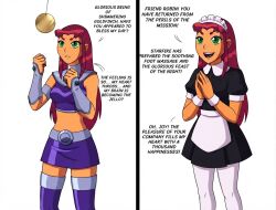  ai_art alien_girl before_and_after comic cuffs dc_comics dialogue english_text femsub green_eyes green_sclera headdress maid maid_headdress maledom pantyhose pendulum red_hair simple_background skirt smile starfire teen_titans thighhighs white_background will2300_(generator) 