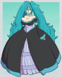  blue_eyes blue_hair blue_lipstick breasts cleavage clothed dress female_only femsub happy_trance large_breasts lipstick long_hair makeup miku_hatsune princess princessification tagme vocaloid wrenzephyr2 
