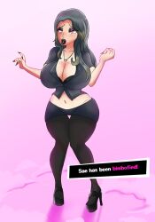artist_request bimbofication brain_drain breasts female_only femsub grey_hair high_heels large_breasts lipstick long_hair midriff navel necklace persona_(series) persona_5 pink_lipstick sae_niijima solo standing text transformation