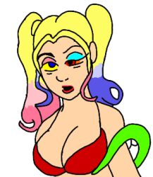  animated animated_gif blonde_hair blue_hair bra breast_fondling breast_grab breasts cleavage coils colorrings dangerouspython2 dc_comics femsub harley_quinn hypnotic_eyes kaa_eyes open_mouth pink_hair red_lipstick snake twintails 