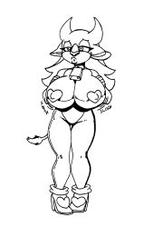 absurdres bimbofication bottomless breasts cleavage collar cow_girl cowbell crazycowproductions empty_eyes female_only femsub furry greyscale high_heels horns huge_breasts large_breasts long_hair monochrome nude open_mouth rouge_the_bat sonic_the_hedgehog_(series) symbol_in_eyes text topless