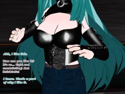 3d cleavage corset cyan_hair fingerless_gloves flamekin ghost_girl gothification jeans large_breasts leather long_hair possession text transgender