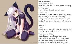  111_(manipper) animal_ears artist_request caption caption_only cat_ears cat_girl character_request female_only femdom hypnotic_eyes kneeling long_hair looking_at_viewer manip original pet_play pov pov_sub silver_hair tail text thighhighs turning_the_tables yellow_eyes 