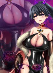  black_hair blush breasts cleavage collar crotch_tattoo dress earrings empty_eyes female_only femsub gloves happy_trance houshou_(kantai_collection) huge_breasts kantai_collection large_breasts militia_minpei multicolored_eyes multiple_views navel opera_gloves ponytail rubber simple_background smile solo tattoo underwear 