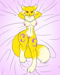 bottomless breasts digimon femsub furry happy_trance large_breasts lying nude pussy renamon rozga spiral_eyes symbol_in_eyes topless