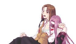  ayako_mitsuzuri blindfold blood blush breasts brown_eyes brown_hair cleavage dead_source drool empty_eyes fate/stay_night fate_(series) female_only femdom femsub medusa_(fate) medusa_(rider)_(fate) mori_no_kuma-san open_clothes open_mouth purple_hair school_uniform short_hair simple_background sweat vampire white_background 