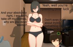  3d absurdres bra breasts brown_hair choker cleavage crossed_arms denial eir-chi_prowtag_(electrickronos) english_text evil_smile femsub h_(thehguy) koikatsu! large_breasts maledom midriff multiple_views navel panties phone shirt short_hair smile tech_control text thehguy unaware underwear 