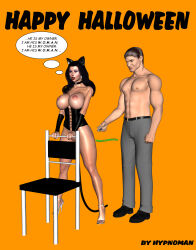 3d absurdres black_hair breasts cleavage collar collarbone earrings erect_nipples evil_smile expressionless fake_animal_ears femsub grey_hair halloween high_heels huge_breasts husband_and_wife hypnoman jewelry lola_torres long_hair maledom milf open_mouth orange_eyes original red_lipstick sex_toy short_hair smile text thick_thighs vibrator