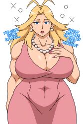  ai_art blonde_hair blue_eyes cathleen_bate cleavage collarbone dress drool earrings empty_eyes expressionless female_only femsub huge_breasts lipstick long_hair long_nails looking_at_viewer maledom manip minimimic_(generator) minimimic_(manipper) muscle_girl my_hero_academia nail_polish necklace open_mouth simple_background stable_diffusion_(ai) text white_background 