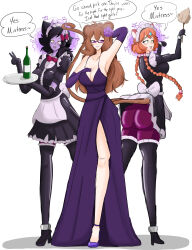 a_singular_fish ahoge amber_(a_singular_fish) animal_ears apron armpits arms_above_head ass bare_shoulders black_hair boots bottle bracers brown_hair cat_girl cleavage collarbone demon_girl dress_shirt drool female_only femdom femsub flower flower_in_hair forced_employee glasses gloves green_eyes hair_ribbon happy_trance headdress high_heels horns jewelry kanani_(mamaclockie) large_ass large_breasts latex looking_back maid maid_headdress monkey_girl open_mouth opera_gloves orange_hair original purple_eyes purple_skin ribbon side_slits sideboob simple_background skirt skirt_lift smile tail text tight_clothing tray twin_braids unfocused_eyes v viltai_(viltai) white_background yellow_eyes