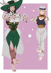 barefoot belt blonde_hair border bow_tie cape character_request choker cleavage cleavage_cutout collarbone corset cowboy_hat cowgirl efalabrino feet female_only femsub green_hair happy_trance hat jacket jewelry large_breasts leg_warmers lipstick long_hair looking_back multiple_girls multiple_subs nail_polish necklace pants pink_background ribbon shirt short_hair shorts shrunken_irises simple_background size_difference smile solo unfocused_eyes zombie_walk