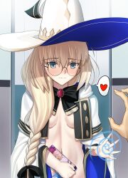 absurdres aesc_(fate) artoria_pendragon artoria_pendragon_(lancer) blonde_hair blush braid breasts bunny_ears cloak embarrassed eyebrows_visible_through_hair fate/grand_order fate_(series) femdom glasses green_eyes hair_ribbon heart longdq3008 magic midriff morgan_le_fey_(fate) navel open_clothes pov_sub red_eyes ribbon scathach_(fate/grand_order) small_breasts smile speech_bubble spiral very_long_hair witch witch_hat