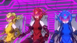  3d ahegao blonde_hair blue_hair boots cables corruption custom_maid_3d_2 dfish303 empty_eyes enemy_conversion female_only femsub gloves glowing happy_trance helmet multiple_girls multiple_subs opera_gloves red_eyes red_hair restrained sitting tears tech_control thigh_boots thighhighs tongue tongue_out yellow_skin 