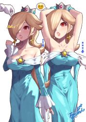  armpits arms_above_head before_and_after blonde_hair bracelet crown dress earrings emoji expressionless femsub hair_covering_one_eye nintendo pendulum phantom_hand princess_rosalina red_eyes simple_background speech_bubble spiral_eyes super_mario_bros. sweat symbol_in_eyes toggy_keiichi undressing white_background 