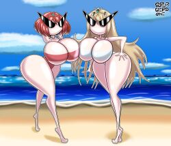  arms_above_head bare_legs beach bikini bikini_bottom bikini_top blonde_hair breast_press breasts complex_background dollification female_only femsub hand_on_hip happy_trance huge_breasts knick_knack legs long_hair looking_at_viewer mythra_(xenoblade) nintendo outdoors posing pyra_(xenoblade) red_hair short_hair smile sunglasses sunny_miami super_weird_one thick_thighs thighs xenoblade_chronicles xenoblade_chronicles_2 yuri 