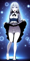  ai_art clothed_exposure drool empty_eyes expressionless futanari glowing glowing_eyes no_panties open_mouth penis skirt skirt_lift stable_diffusion_(ai) transgender 