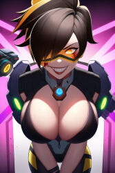  ai_art alternate_costume blood brown_hair cleavage collar corruption evil_smile glowing_eyes large_breasts multicolored_hair novelai_(ai) overwatch short_hair tech_control tracer 