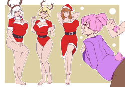 ahoge antlers armpits arms_behind_back bare_legs bare_shoulders barefoot belt black_hair blonde_hair border brown_eyes brown_hair bunny_ears bunny_girl character_request christmas cleavage cleavage_cutout collarbone doggy_style dress efalabrino feet female_only femsub fishnets from_behind hair_pulling happy_trance large_breasts legs_up leotard long_hair multicolored_hair multiple_girls multiple_subs pants pink_eyes pink_hair posing ring_eyes santa_hat scarf shirt short_hair simple_background skirt smile tail white_hair wide_hips yellow_background