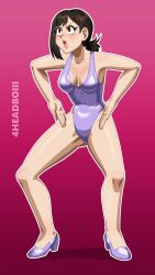  4headboiii absurdres bare_legs blush body_control brown_hair chainsaw_man collarbone empty_eyes female_only femsub gradient_background haigure hairpin high_heels kobeni_higashiyama long_hair one-piece_swimsuit open_mouth ponytail simple_background squatting standing sweat swimsuit 