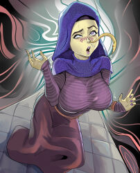 absurdres alien_girl barriss_offee brain_drain drool female_only femsub glatu green_skin hypnotic_eyes large_breasts long_skirt mind_break mirialan nail_polish open_mouth parasite possession purple_lipstick spiral_eyes star_wars worm 