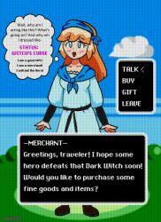  ascot bandana bangs belt blonde_hair blue_eyes blush clothed collarbone dress eyebrows_visible_through_hair female_only femsub gameplay_mechanics long_hair mantra original outdoors pyra_(spyralpyra) shoes solo spyralpyra text video_game 