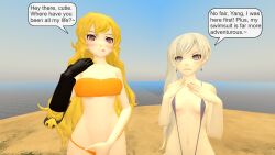 3d bare_shoulders bikini blonde_hair blush breasts cleavage clothed_exposure dialogue femsub happy_trance heart heart_eyes hypnolordx large_breasts long_hair prosthetic_limb rwby sling_bikini smile source_filmmaker swimsuit symbol_in_eyes text weiss_schnee yang_xiao_long
