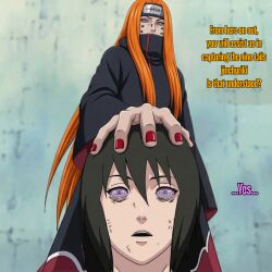  black_hair cloak clothed dialogue english_text femsub genjutsu hand_on_head hypnotic_eyes long_hair maledom manip nail_polish naruto_(series) open_mouth orange_hair pain_(naruto) piercing possession purple_eyes rinnegan shizune short_hair text 