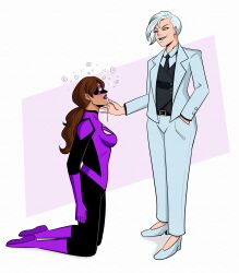  brown_hair dazed drool femdom femsub glowing_eyes kneeling madame_blanc_(themodrenman) original polmanning ponytail smug suit super_hero violet_angel_(themodrenman) western white_hair whiteout_(modren) whitewash_eyes 