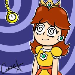 brown_hair crown dress female_only femsub gloves happy_trance jewelry nintendo pocket_watch princess princess_daisy short_hair shyker simple_background smile solo spiral spiral_eyes super_mario_bros. symbol_in_eyes
