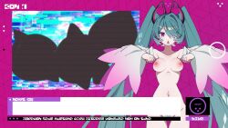 blue_hair blush breasts expressionless hair_covering_one_eye hair_ornament long_hair miku_hatsune mochi_dance mysterious_zone nintendo nude open_mouth pecharunt pink_eyes pokemon pubic_hair sweat twintails vocaloid