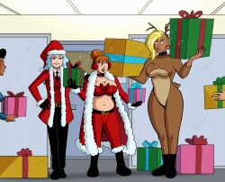 antlers ash_(svettak92) blonde_hair blue_hair blueshift_(polmanning) christmas dark_skin dazed earmuffs earrings female_only femdom femsub flat_chest gift headband huge_breasts midriff milf ms._saturday_(svettak92) muscle_girl original pink_eyes polmanning red_hair reindeer_girl santa_costume santa_hat sidecut single_hair_bun suit svetta_(svettak92)
