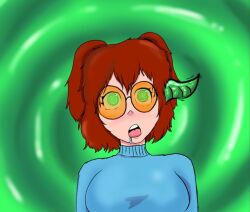  brain_injection clothed drool expressionless femsub glowing_eyes gotymoment green_eyes large_breasts open_mouth original parasite red_hair rion_(gotymoment) short_hair spiral_background spiral_eyes sweater twintails 
