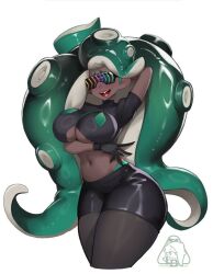  arms_above_head arms_behind_back blush cleavage crop_top dark_skin fangs female_only femsub gloves hypnoshades large_breasts littleblood marina_(splatoon) midriff navel nintendo octopus_girl shorts simple_background smile solo splatoon splatoon_2 tentacles thighhighs tight_clothing underboob white_background wide_hips 