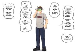 absurdres brown_hair consensual glasses happy_trance hypno_neet male_only malesub original short_hair simple_background standing tech_control text thought_bubble visor white_background